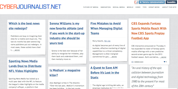 Cyberjournalist.net - блог, в котором агрегируются актуальные новости в медиасфере, аналитика, опыт использования сервисов.